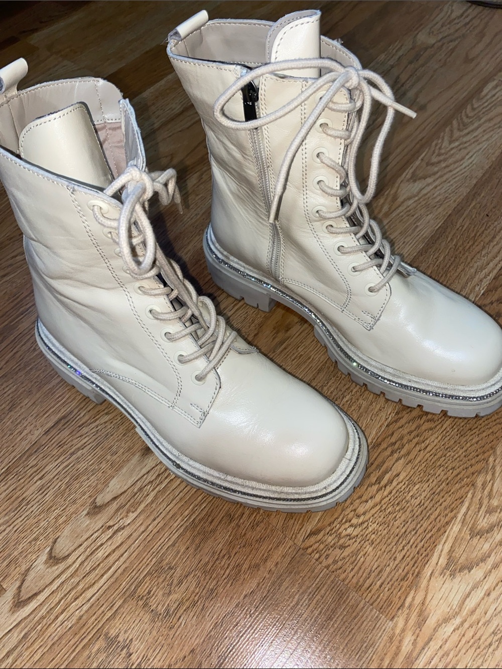 Aqua Cream Lace-Up Combat Boots with Chunky Sole